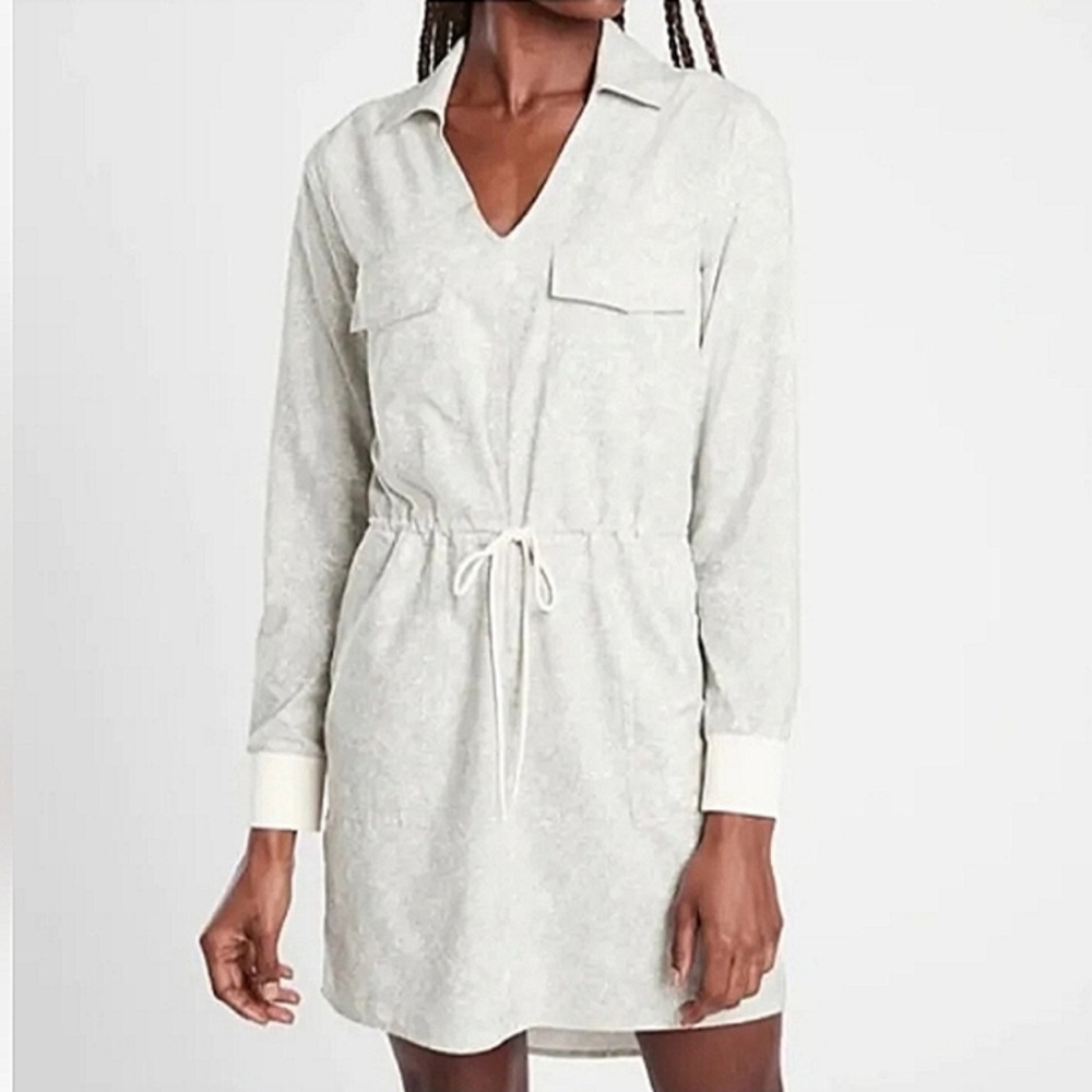Athleta Zuma Printed Drawstring Waist Mini Shirtdress Cream & Green Size 2X NWT